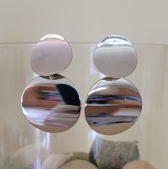 Double Circle Silver Drop Earrings NEW - Picture 1 of 11
